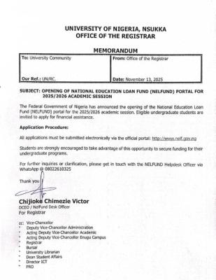 UNN notice to students on opening of the NELFUND portal, 2025/2026