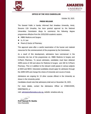 Amadeus University receives NUC approval to commence new degree programs