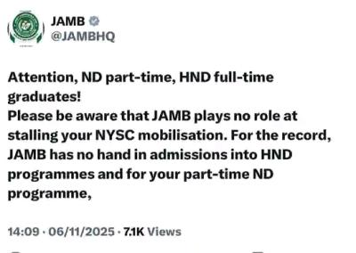 JAMB Clarifies Its Role in NYSC Mobilization for ND Part-time and HND Graduates