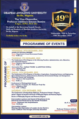 OAU 49th Convocation Ceremony Programme of Events