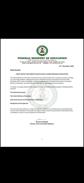 Federal Ministry of Education debunks school closure