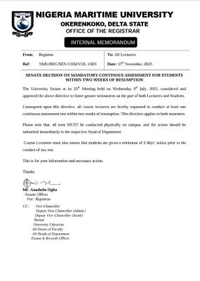 NMU introduces mandatory continuous assessment within 2 weeks of resumption