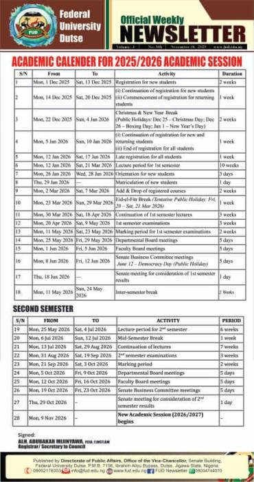 FUDUTSE academic calendar for 2025/26 academic session