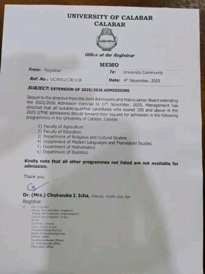 UNICAL update on admission exercise, 2025/2026
