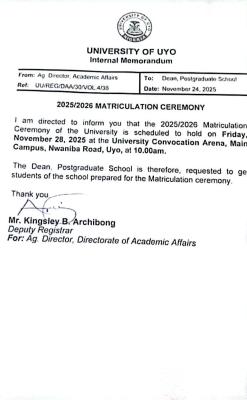 UNIUYO matriculation ceremony, 2025/2026