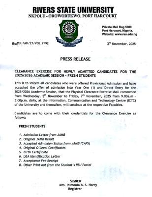 RSUST announces clearance exercise for new students, 2025/2026