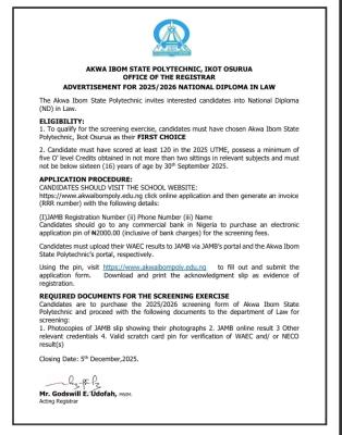 Akwa Ibom Poly ND admission in Law, 2025/2026