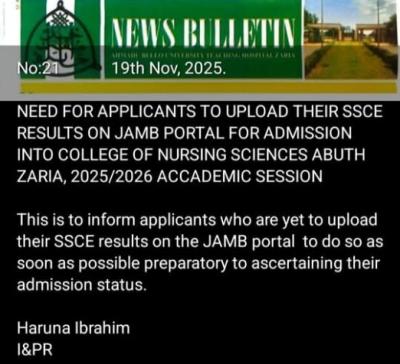 ABUTH College of Nursing Sciences urges applicants to upload SSCE results on JAMB portal