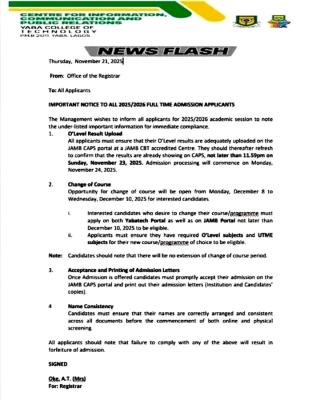 YABATECH notice to all ND full-time applicants, 2025 2026