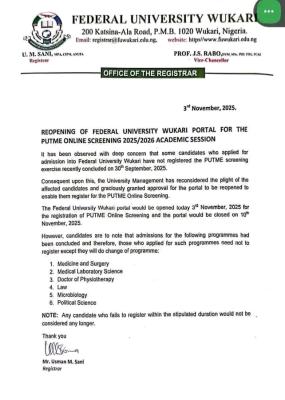 Federal University reopens portal for 2025/2026 undergraduate admission