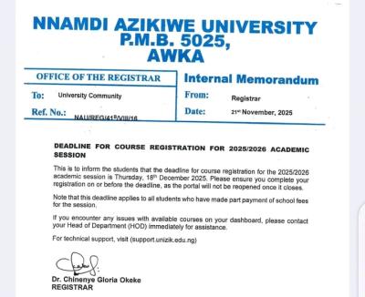 UNIZIK announces deadline for 2025/26 course registration