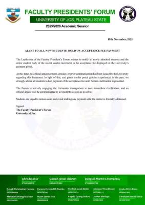 UNIJOS Faculty Presidents' Forum notice to news students on acceptance fee payment