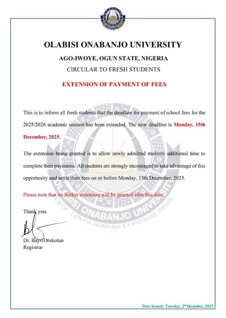 Olabisi Onabanjo University Extend Payment of Fees