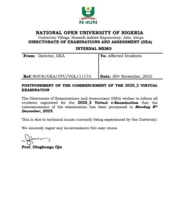 NOUN postpones commencement of 2025_2 Virtual examination