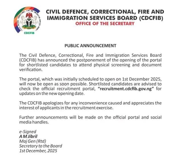 JOB RECRUITMENT: IMPORTANT UPDATE ON CDCFIB RECRUITMENT EXERCISE