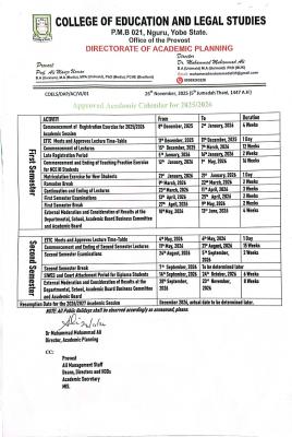 COELS releases approved academic calendar for 2025/2026 session