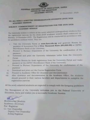 Federal University of Education, Zaria announces registration for new students, 2025/2026