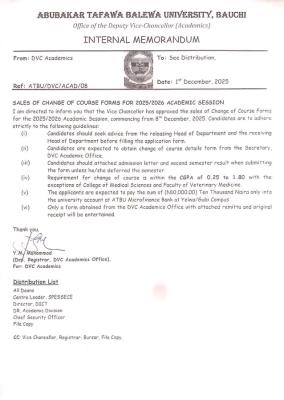 ATBU announces commencement of change of course form, 2025/2026